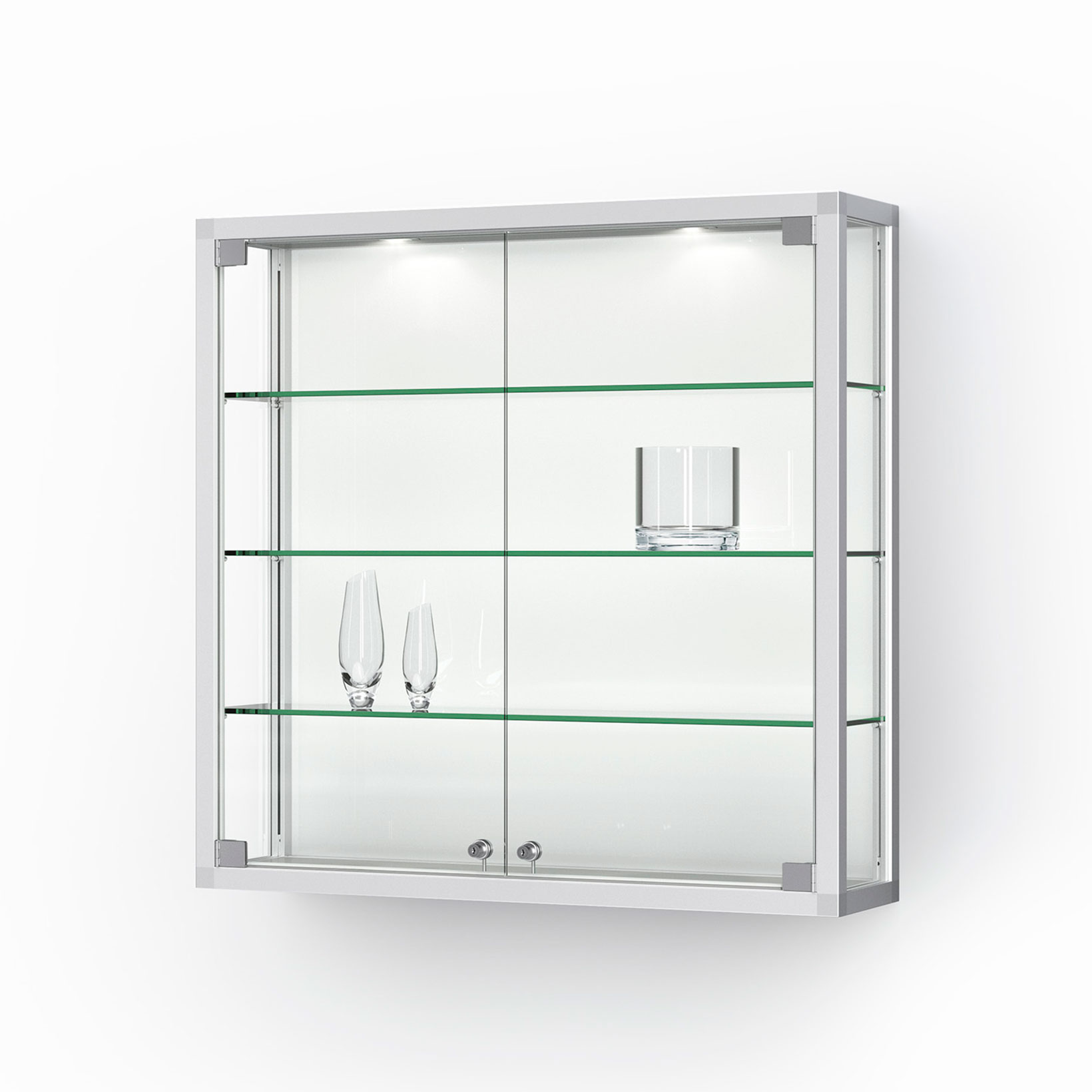 Vitrinenschrank, Glasregal, Metallrahmen, Glasböden, Schrank mit Türen, Glasvitrine, Wandvitrine, Glasschrank, Regal mit Glasböden, Schrank Front aus Glas