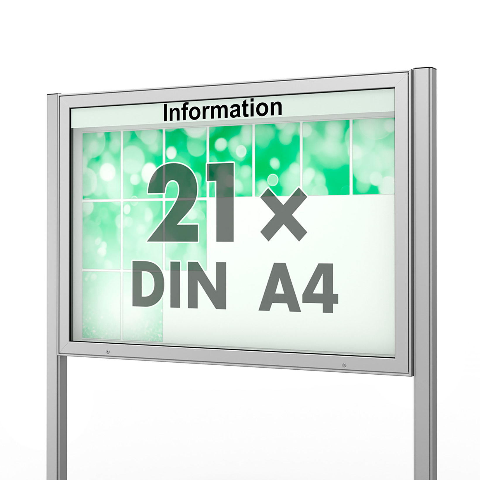21 x DIN A4 Schaukasten Plenum eckig - der "Klassiker" - 100mm Bautiefe - mit Pfosten und optionaler LED-Beleuchtung